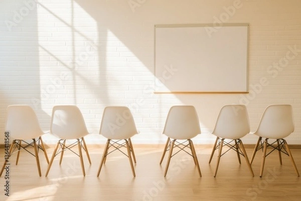 Obraz Empty White Chairs Row Under Sunlight, Blank Canvas on Wall, Minimalist Waiting Area.