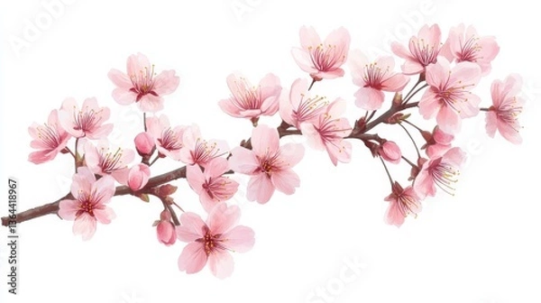 Fototapeta Cherry blossom branch, pink flowers isolated on a white background.