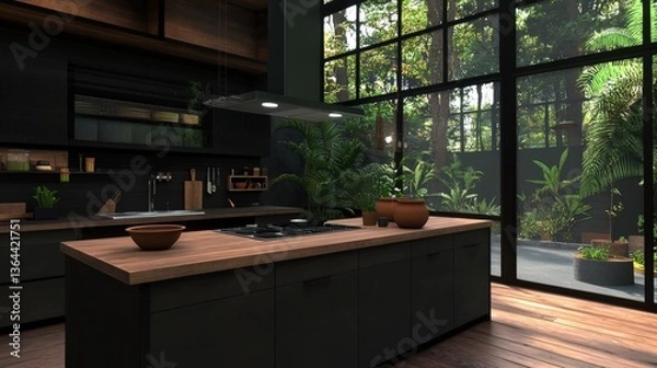 Fototapeta A modern kitchen with dark wood cabinets and large windows, featuring lush greenery and an inviting atmosphere.
