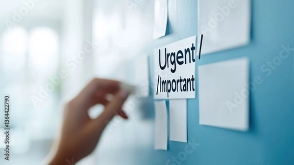 Obraz Hand arranging sticky notes labeled "Urgent/Important" on a blue wall.