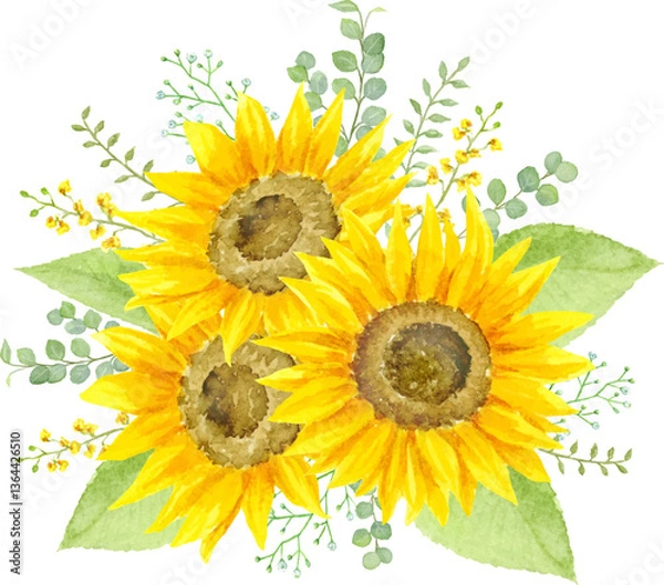 Fototapeta 水彩で描いたひまわりの装飾