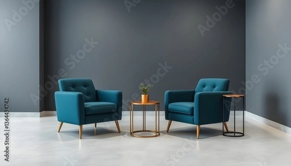 Obraz modern living room, two teal armchairs, golden round coffee table, burning candle, minimalist decor, gray wall.