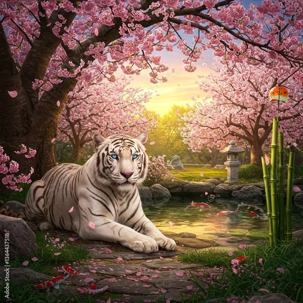 Fototapeta A majestic white tiger resting beneath the ancient cherry blossom trees, its striking blue eyes gazing into the distance