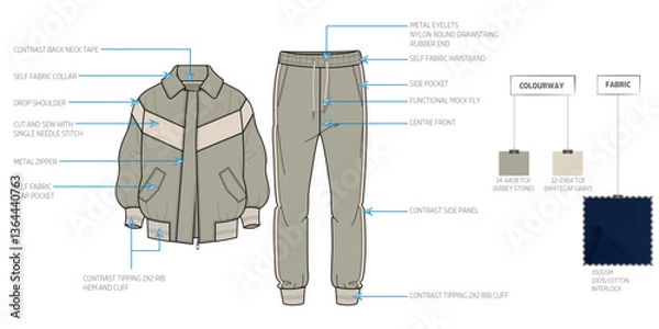 Fototapeta Men's Winter Bomber Jacket and Jogger Tracksuit Technical Flat Sketch with Tech Pack