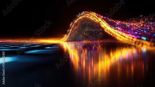 Fototapeta Dynamic light waves and reflections digital artwork abstract dark environment close-up view motion concept