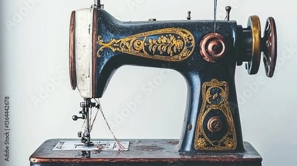 Obraz Ornate, vintage sewing machine with intricate detailing against a neutral backdrop