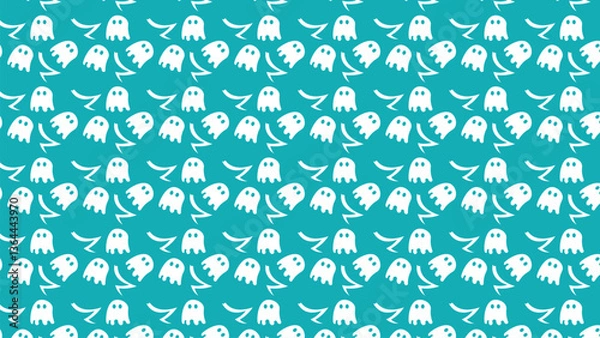 Fototapeta Playful seamless pattern of white ghost shapes and crescent moons lightly scattered over a teal background, ideal for Halloween, festive, or creative graphic design projects.