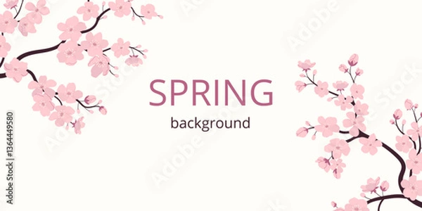Fototapeta Spring backdrop with two cherry blossom branches and space for text. Flat drawing style with noise texture brush. Bold choice for banners, ads, cover, invitation.