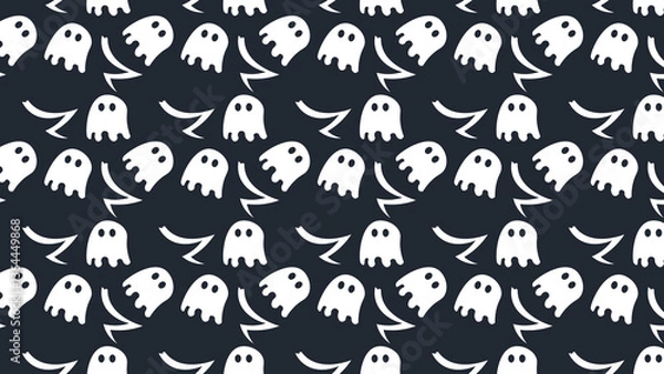 Fototapeta A repeating pattern of white ghosts with various expressions on a dark background, creating a lighthearted Halloween theme perfect for festive decorations, fun wallpapers, or seasonal graphics.