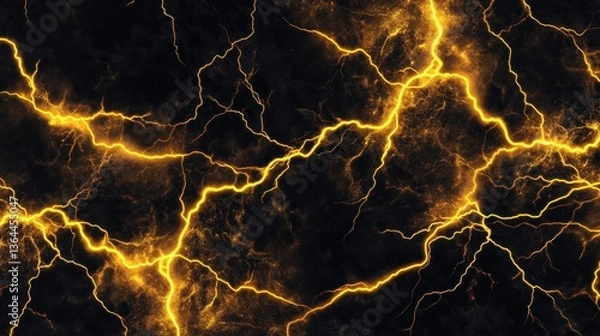 Obraz Abstract background with golden lightning streaks on dark surface.
