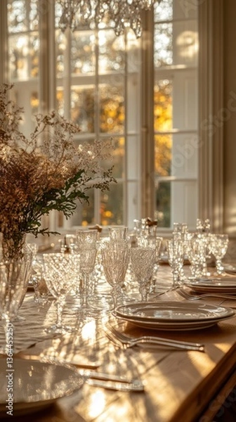 Obraz Autumnal table setting, sunlit dining room, fall foliage view