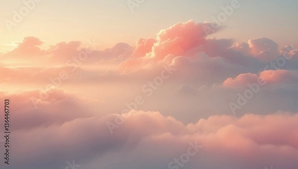 Fototapeta A peaceful sunrise with coral pink clouds and ethereal lighting.