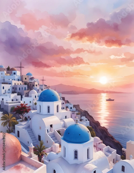 Obraz Watercolor Dreamscape – Santorini at Sunset