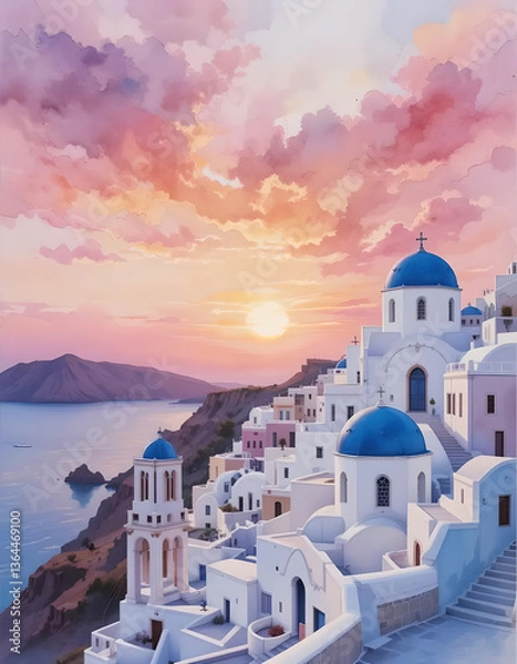 Obraz Watercolor Dreamscape – Santorini at Sunset