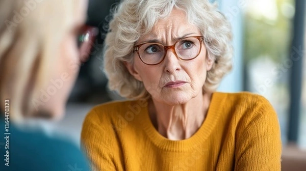 Fototapeta A concerned elderly woman listens intently while engaging in a serious conversation with another person out of view.