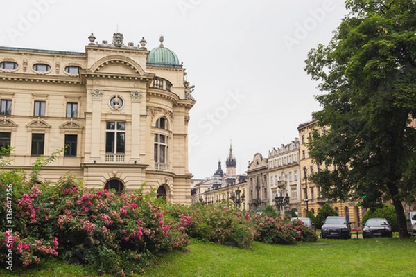 Fototapeta Architecture of streets of Krakow, Poland town in rainy day