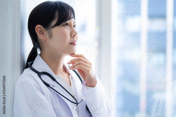 Fototapeta A female doctor leans against a window, hand on chin, gazing into the distance in deep thought. She wears a white coat and stethoscope, standing in a brightly lit medical facility.