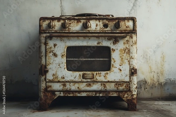 Fototapeta Old, rusty stove in a run-down room with peeling paint for a vintage, nostalgic feeling