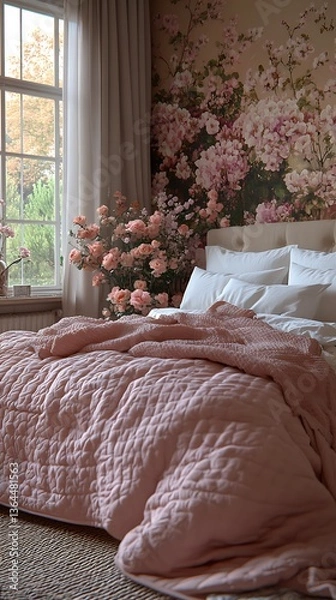 Fototapeta  Cozy Bedroom with Pink Quilt, White Pillows, and Floral Wallpaper