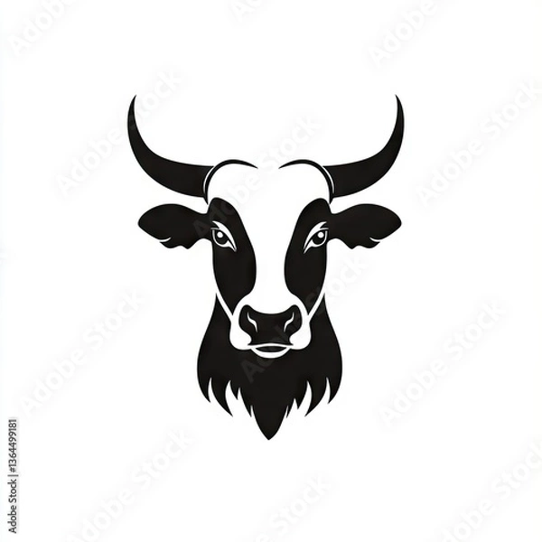 Obraz A stylized bull head, black and white, facing forward.  Bold horns and detailed features
