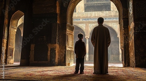 Fototapeta A man and child stand together in an ornate building