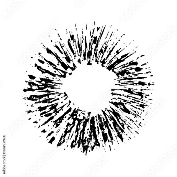 Fototapeta Paint brush stroke. Grunge ink. Black rough splash isolated on white background. Splatter stain. Round spot texture. Circle drawing. Hand drawn burst. Splat spray. Radial distress. Vector illustration