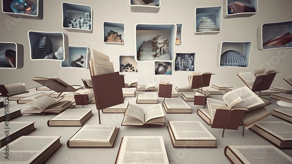 Obraz Floating books and exhibits a conceptual library