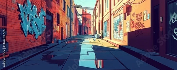 Fototapeta urban alley with graffiti and shadows flat design front view street art theme water color Split-complementary color scheme