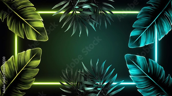 Obraz Neon-lit tropical leaves in a frame