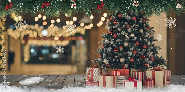 Fototapeta Christmas tree with presents on a wooden surface festive bokeh background