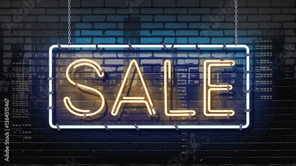 Obraz Neon sign advertising a sale mounted on a brick wall with a cityscape backdrop