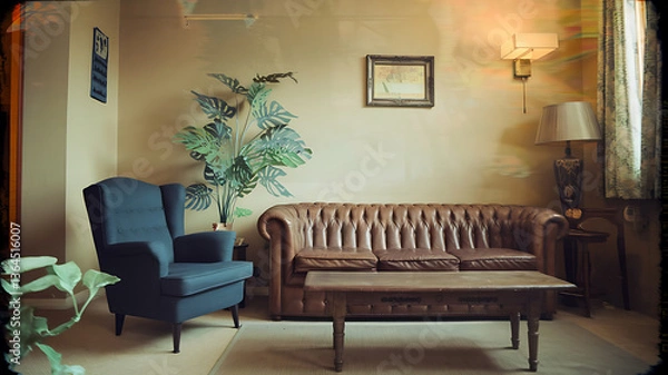 Fototapeta Vintage living room cozy leather couch and armchair Warm muted tones Interior design
