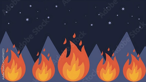 Obraz Nighttime campfire scene with stylized flames and mountains