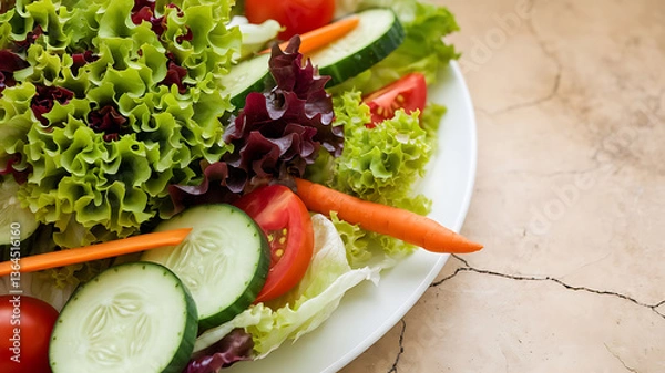Obraz Fresh mixed salad with lettuce cucumber tomato and carrot
