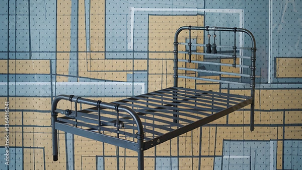 Obraz Industrial-style metal bed frame against a patterned wall