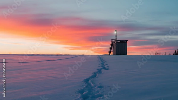 Obraz Winter sunrise over snowy landscape wooden structure