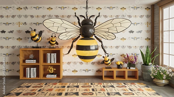 Obraz Whimsical children's room decor with large bee pendant light and moth wallpaper