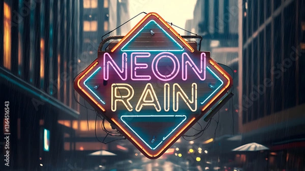 Obraz A vibrant neon sign reading NEON RAIN in a rainy city street scene evoking a retro-futuristic aesthetic