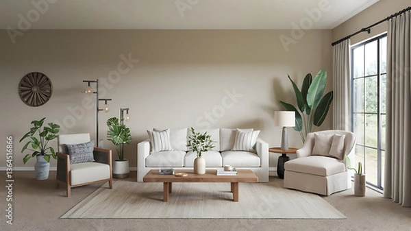 Obraz Beige and neutral living room with natural elements