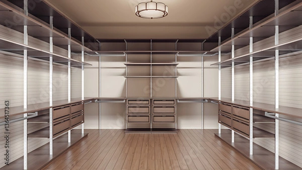 Obraz Organized walk-in closet with wooden shelves and drawers
