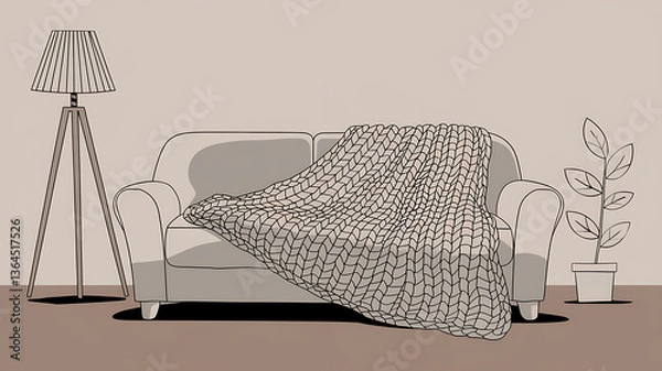 Obraz Cozy living room scene with a knitted throw blanket draped over a couch