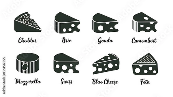 Obraz Variety of cheese icons with names in a simple modern style Perfect for food-related projects