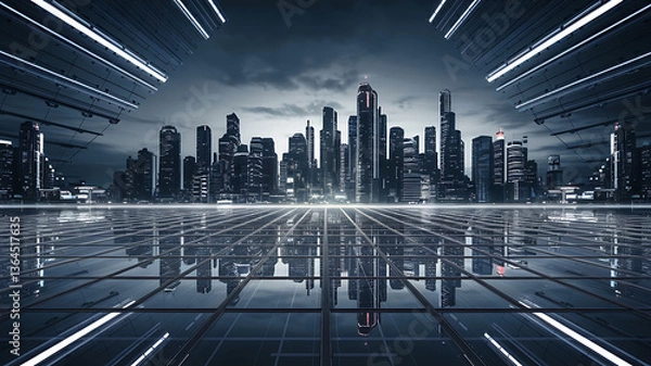 Obraz Futuristic cityscape platform reflecting grid