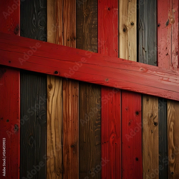 Fototapeta A diagonal wooden plank pattern alternating between natural wood and bold red-painted sections. The combination of rustic textures and vibrant color contrast creates a dynamic and visually striking
