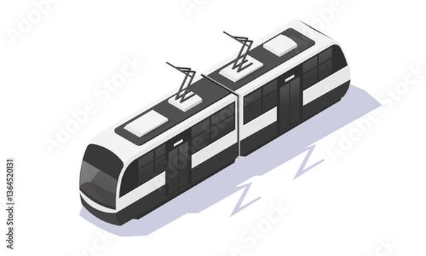 Fototapeta Modern isometric tram in black and white colors with pantographs, casting a shadow on a white background. Urban transport concept. Vector illustration