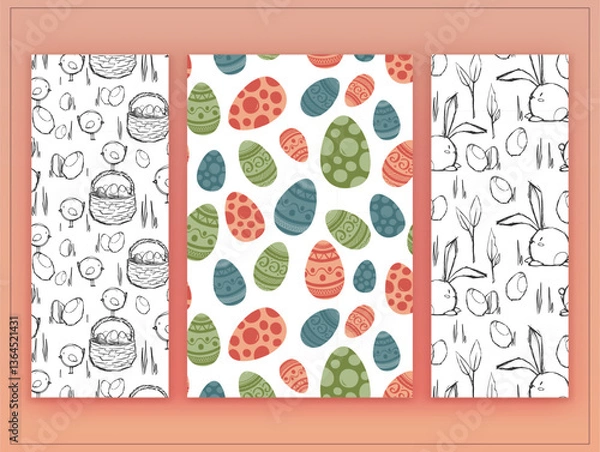 Obraz Vector Easter seamless patterns set. Many cute bunny icons, big decorated eggs. Little chubby chicks, wicker basket sketch. Cartoon graphic print. Funny holiday concept. Festive elements hand drawn