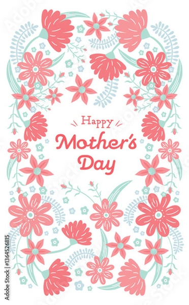 Fototapeta 母の日のかわいい縦型カードテンプレート：手書きのカーネーションイラストの背景フレーム
