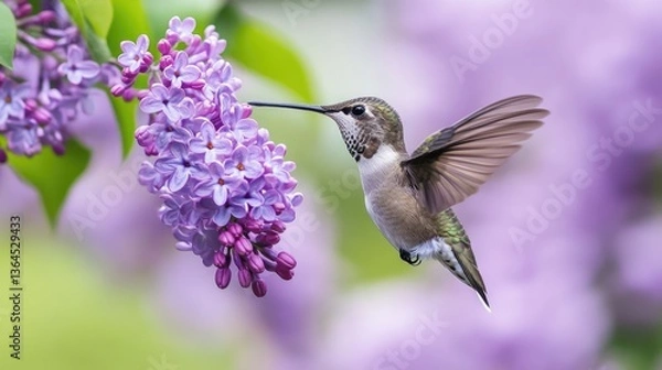 Fototapeta A hummingbird sipping nectar from a purple lilac bush, a beautiful and intimate moment in nature