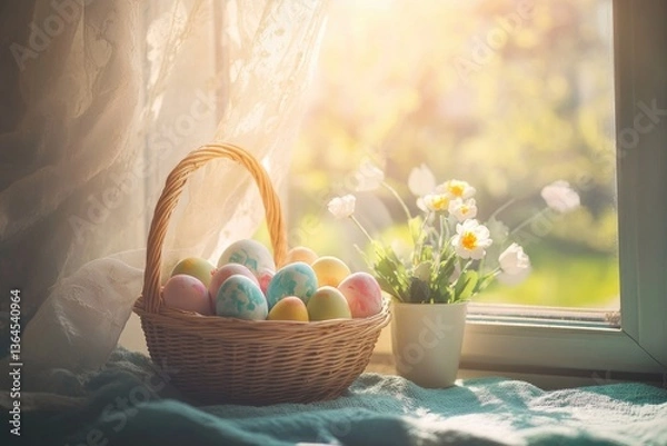 Obraz Colorful Easter eggs in a wicker basket sitting next to an open window