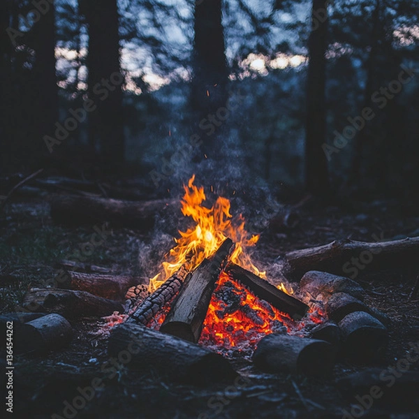 Obraz A campfire burning brightly in a dark forest surrounded by rocks and fallen logs at twilight time